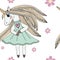 Seamless pattern with Unicorn with long hair with flower