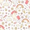 Seamless pattern with unicorn, rainbow, shooting star and magic wand in doodle style. Hand drawn vector illustration