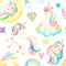 Seamless pattern with unicorns. Beautiful watercolor unicorn illustration. Magic trendy cartoon horse perfect for nursery print an