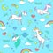 Seamless pattern with unicorns and magic elements