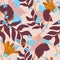 Seamless pattern with unusual leaves and flowers. Vector design.