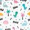 Seamless pattern of Ñute cartoon dinosaurs on white background