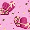 Seamless pattern for Valentine`s Day. Chocolate candy heart box vector illustration. Chocolates with different designs