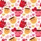 Seamless pattern for Valentine s day. Funny yellow, red and pink mug of hot chocolate, coffee or cocoa with a pink heart. Kawaii