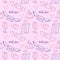 Seamless pattern for Valentine`s Day `With Love.` Pink background with contour pictures of glasses, lips, envelopes, love letters,
