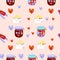 Seamless pattern with Valentine`s day symbols.Love jars with various hearts, tag card with ribbon, envelopes with romantic letters