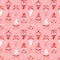 Seamless pattern with Valentines Day cute cartoon gnomes holding hearts and letters LOVE. Pink dwarfs characters and