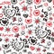 Seamless pattern Valentines doodles. Love Amore scribbles hearts, stars lettering in red and black. Repeating hand drawn