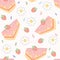 Seamless pattern of vanilla cake pieces with strawberries