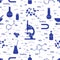 Seamless pattern with variety scientific, education elements: microscope, flasks, formula, pestle and other. Design for banner,