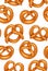 Seamless pattern with various cartoon pretzels. German appetizer. Treats for the holidays. Bakery product. Vector texture