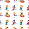 Seamless pattern with various children go in for winter sports. Active spending winter time. School kids with ski, sledges, skates