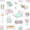 Seamless pattern with various cozy furniture drawn with contour lines and colored stains on white background. Backdrop