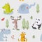 Seamless pattern with various cute and funny cartoon zoo animals on background elephant, giraffe, deer, panda, hippopotamus, croco