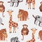 Seamless pattern with various cute and funny cartoon zoo animals on white background - monkeys, sloth, tiger, giraffe