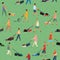 Seamless pattern. Various drawn people mow grass with lawn mowers