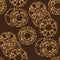 Seamless pattern with various gears on a brown background. Vector image