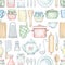 Seamless pattern with various kitchenware, grocery products and tableware