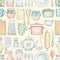 Seamless pattern with various kitchenware, grocery products and tableware