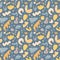 Seamless pattern of various light rounded shapes on a dark blue background. Doodle style. Pink, beige, purple and blue
