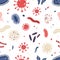 Seamless pattern with various microorganisms on white background. Backdrop with infectious germs, protists, microbes