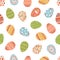 Seamless pattern with various painted Easter eggs on white background. Repeatable spring festive texture. Endless