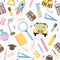 Seamless pattern with various school supplies.