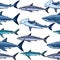 Seamless pattern with various sharks, great white shark, hammerhead shark and other. Vector illustration in engraving style