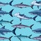 Seamless pattern with various sharks, great white shark, hammerhead shark and other. Vector illustration in engraving style