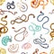 Seamless pattern with various snakes or serpents on white background. Backdrop with exotic wild reptile animals. Colored