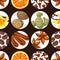 Seamless pattern with various spices. Illustration of anise, cloves, vanilla, ginger and cinnamon