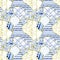 Seamless pattern of various splitted fragments - Kintsugi concept, patchwork with gold cracks and blue ornament