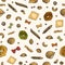 Seamless pattern with various types of raw pasta on light background - farfalle, conchiglie, rotini, rotelli, ravioli