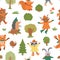 Seamless pattern with vector autumn characters. Cute woodland animals repeat background. Fall season texture.  Funny forest print