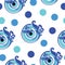 Seamless pattern vector with blue greek evil eye and polka dots