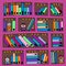 Seamless pattern with vector bookcase and statuette