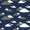 Seamless pattern of vector clouds illustrations on darkblue background
