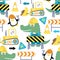 Seamless pattern vector of construction elements cartoon with funny animals. Crocodile and penguin at working