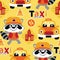 Seamless pattern vector of cute raccoon cartoon with funny taxi, traffic elements illustration