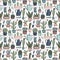 Seamless pattern with vector doodle icons of home plants in pots. Cute pastel colored lined cacti and succulents in