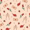 Seamless pattern vector drawings for Valentine's Day. Rose champagne glass strawberry envelope recognition.