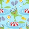 Seamless pattern vector of frog wearing diving goggles, swim elements, swamp animals cartoon