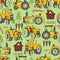 Seamless pattern vector of hand drawn tractors cartoon, farming elements illustration