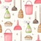 Seamless pattern with vector icons of house cleaning, washing and freshness. Cartoon bottles of detergent, mops, washcloths,