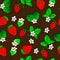 Seamless pattern, vector illustration, strawberries with leaves and flowers on a brown background, design for textiles, paper