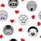 Seamless pattern with vector illustrations of round animals and red hearts, separated from background