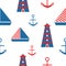 Seamless pattern with vector sailboat, lighthouse and anchors. Boat and yacht. Classic blue and red graphic elements. Sea and ocea
