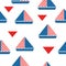 Seamless pattern with vector sailboats. Boat and yacht. Triangular sails. Classic blue and red graphic elements. Sea and ocean. Si