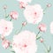 Seamless pattern of vector watercolor style pink eustoma. Illustration of flowers. Vintage.
