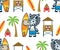 Seamless pattern vector of zebra cartoon holding surfboard, lifeguard post, palm tree and hermit crab. Beach holiday elements